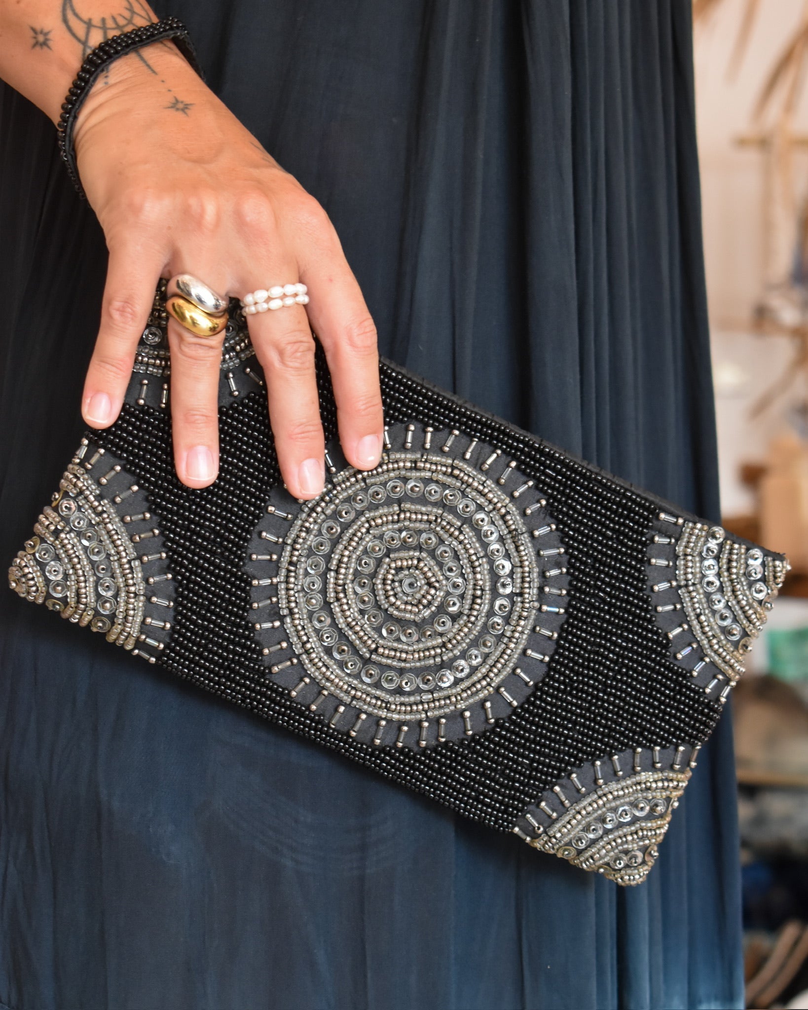 Soleil Beaded Clutch Grey