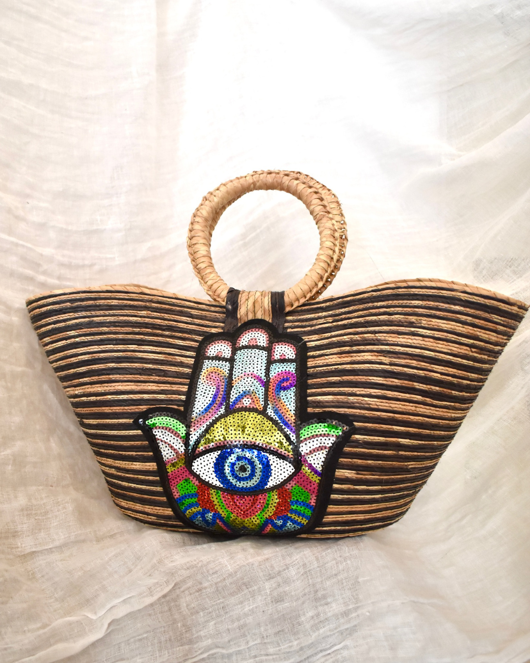 Mexican Bucket Bag | Black and Natural Stripe | Hand