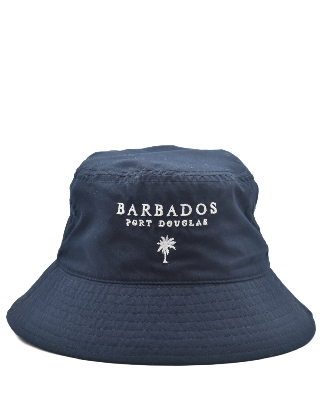 Navy bucket hat with 'Barbados Port Douglas' text and palm tree on a white background
